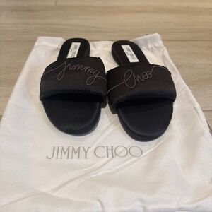AUTHENTIC RAINA SLIPPER,SATIN W/JIMMY CHOO SCRIPT.,BLACK,38.5